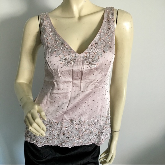 Linda Allard Ellen Tracy sleeveless beaded v-neck tank top. Silk petite tank